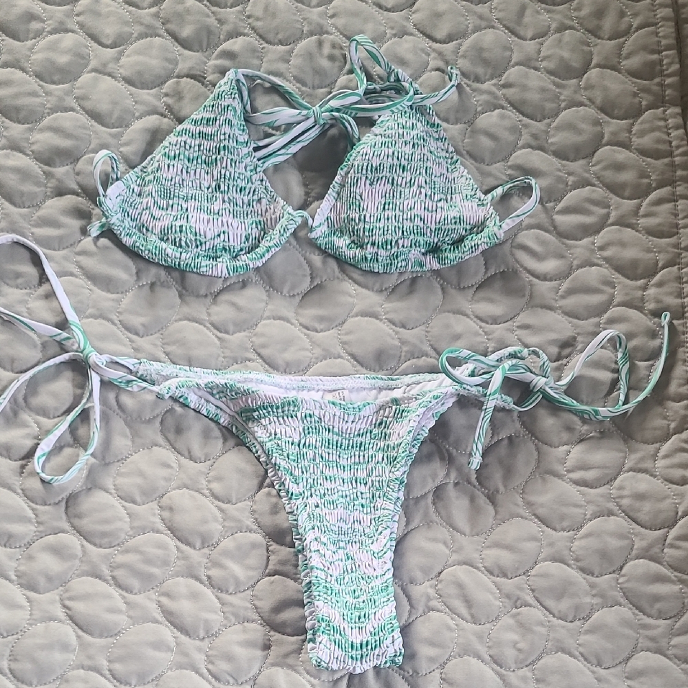 Green and White Bikini Set